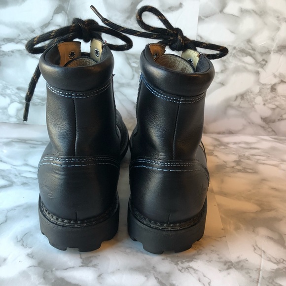 John Fluevog Black Chunky Platform Lace Up Combat Boots with Blue Angle Stripe - Picture 3 of 16